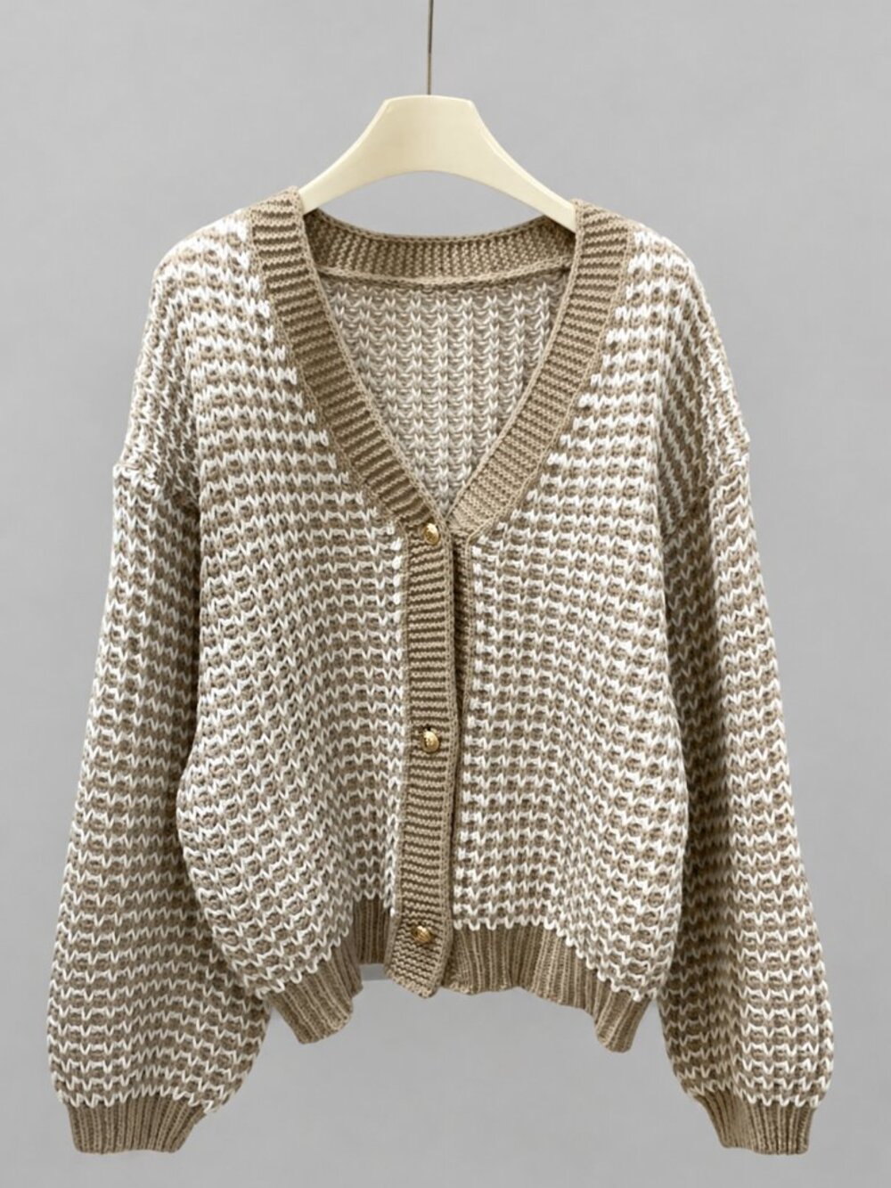 Women's Beige White Knit Cardigan V Neck Button Front Long Sleeve Sweater - Picture 3 of 5